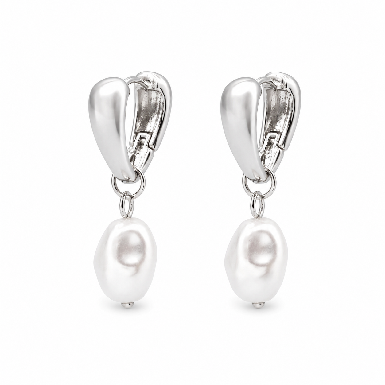 Silver triangle huggie earrings with pearl charm