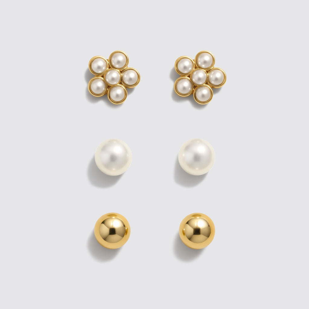 Trio de clous d'oreilles perles et fleurs doré