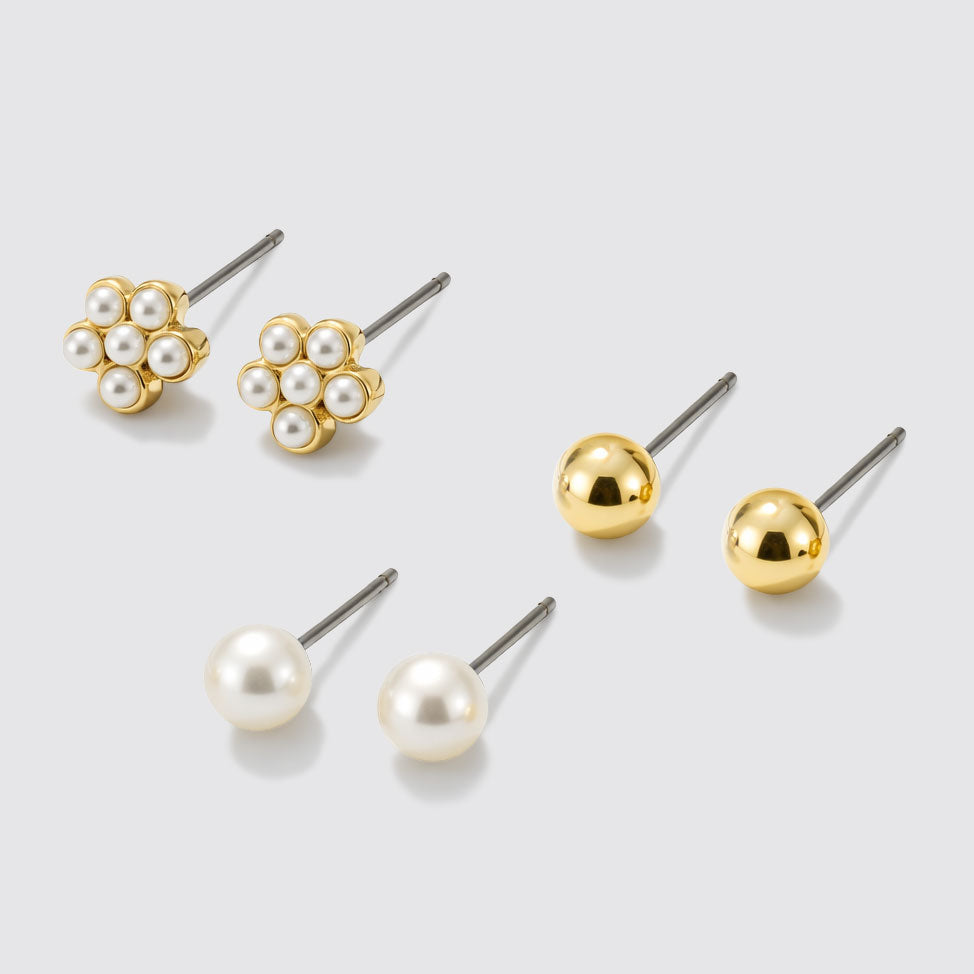 Trio de clous d'oreilles perles et fleurs doré