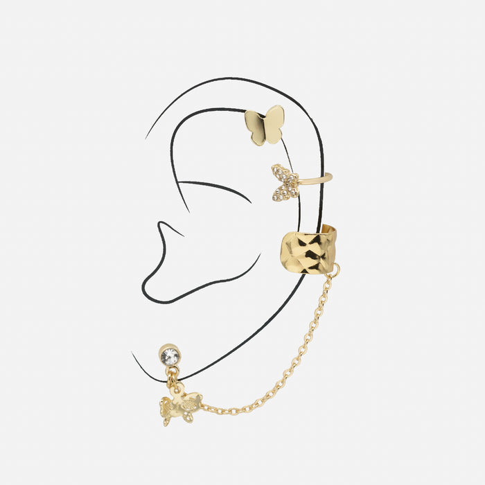 Ensemble de deux boucles d'oreilles et de deux manchettes papillons dorés