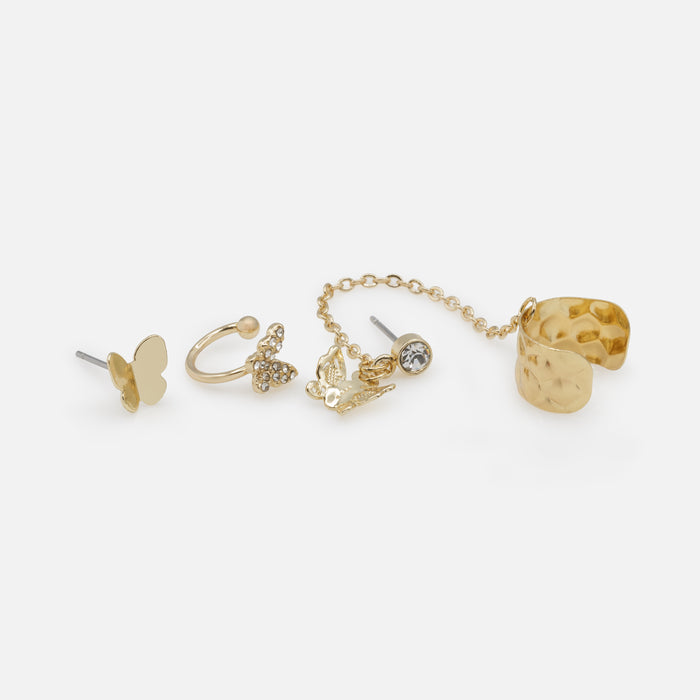 Ensemble de deux boucles d'oreilles et de deux manchettes papillons dorés