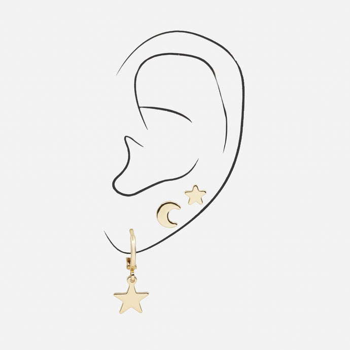 Lot de 3 boucles d'oreilles dépareillées étoiles et lune dorées