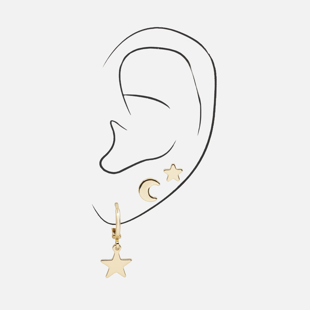 Set of three gold stars and moon earrings