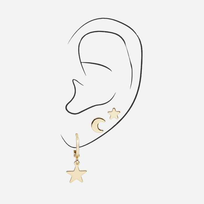 Lot de 3 boucles d'oreilles dépareillées étoiles et lune dorées