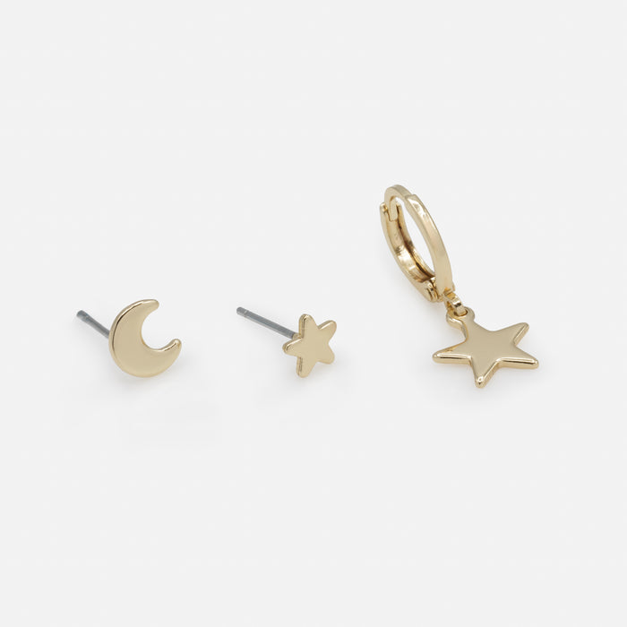 Lot de 3 boucles d'oreilles dépareillées étoiles et lune dorées