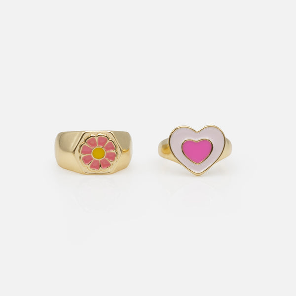 Load image into Gallery viewer, Set of two open golden flower and heart rings
