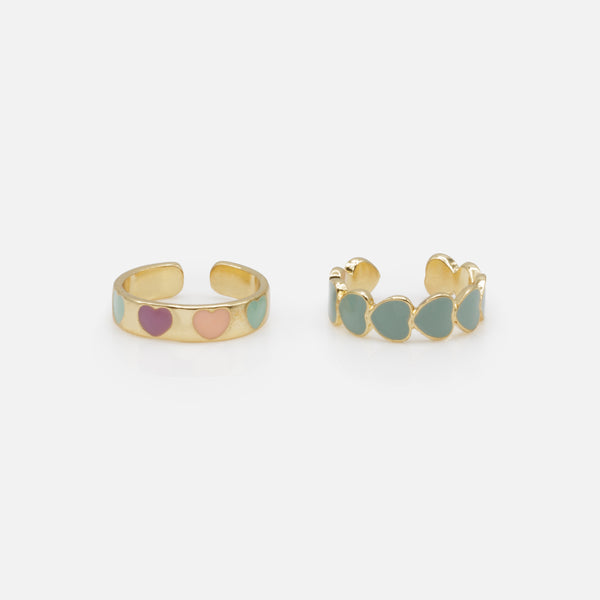 Load image into Gallery viewer, Set of two golden open rings with blue-gray and multi-colored hearts
