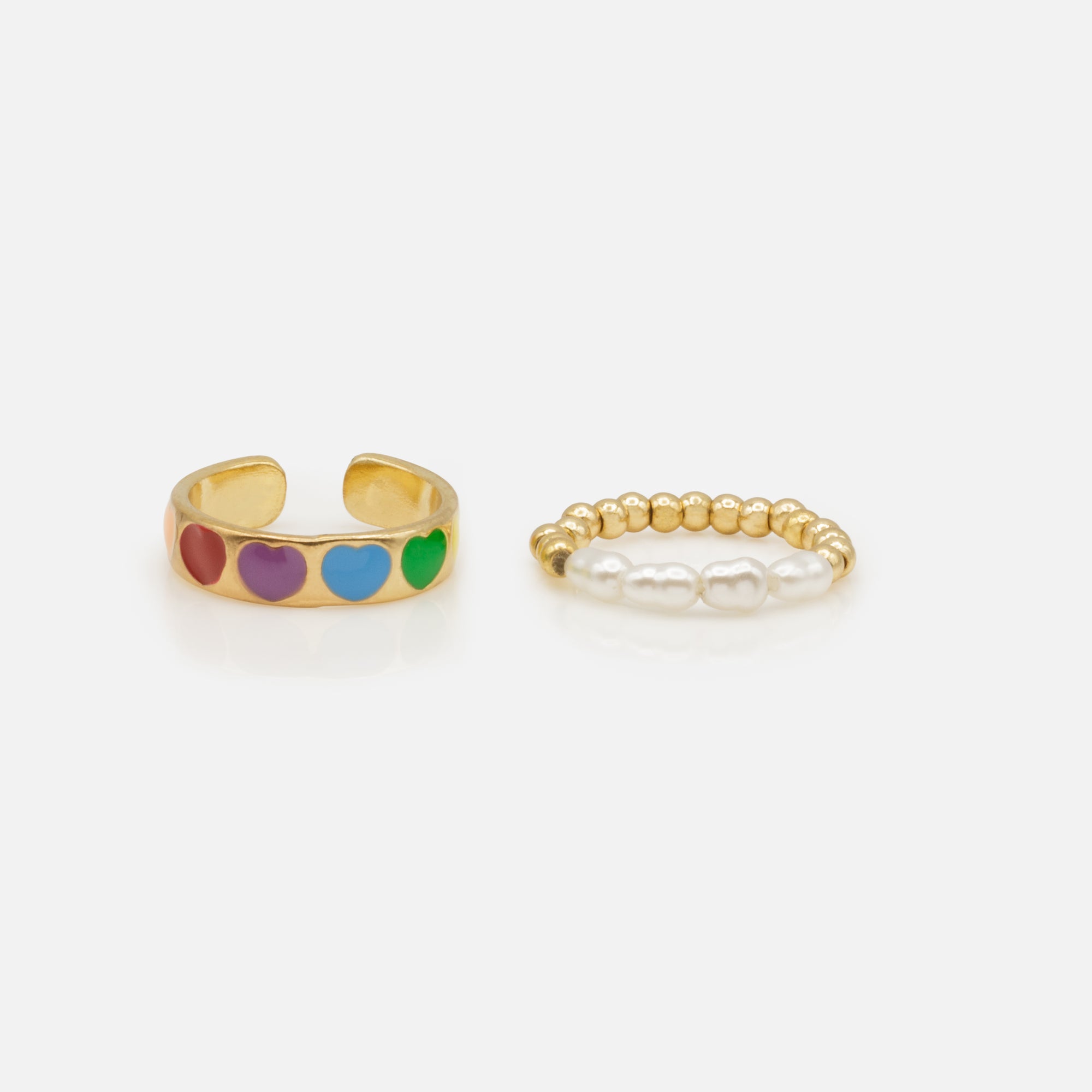 Golden open ring set with multicolored hearts and elastic ring with golden balls and pearls