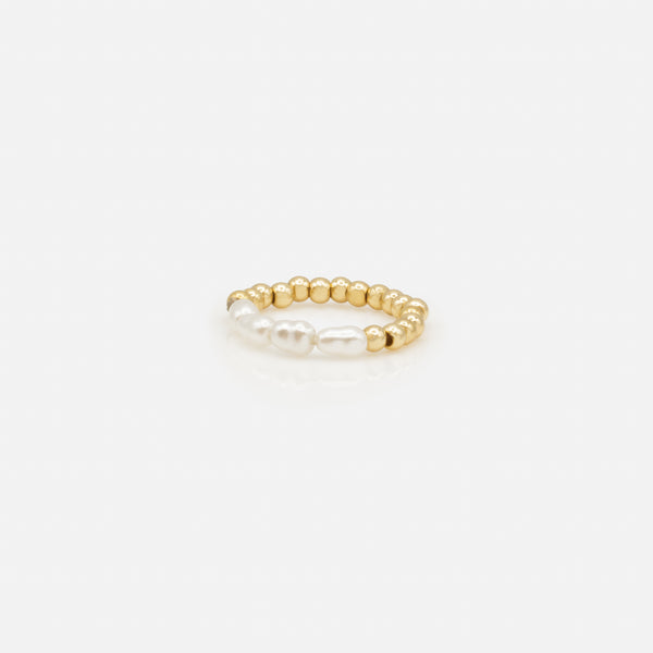 Load image into Gallery viewer, Golden open ring set with multicolored hearts and elastic ring with golden balls and pearls
