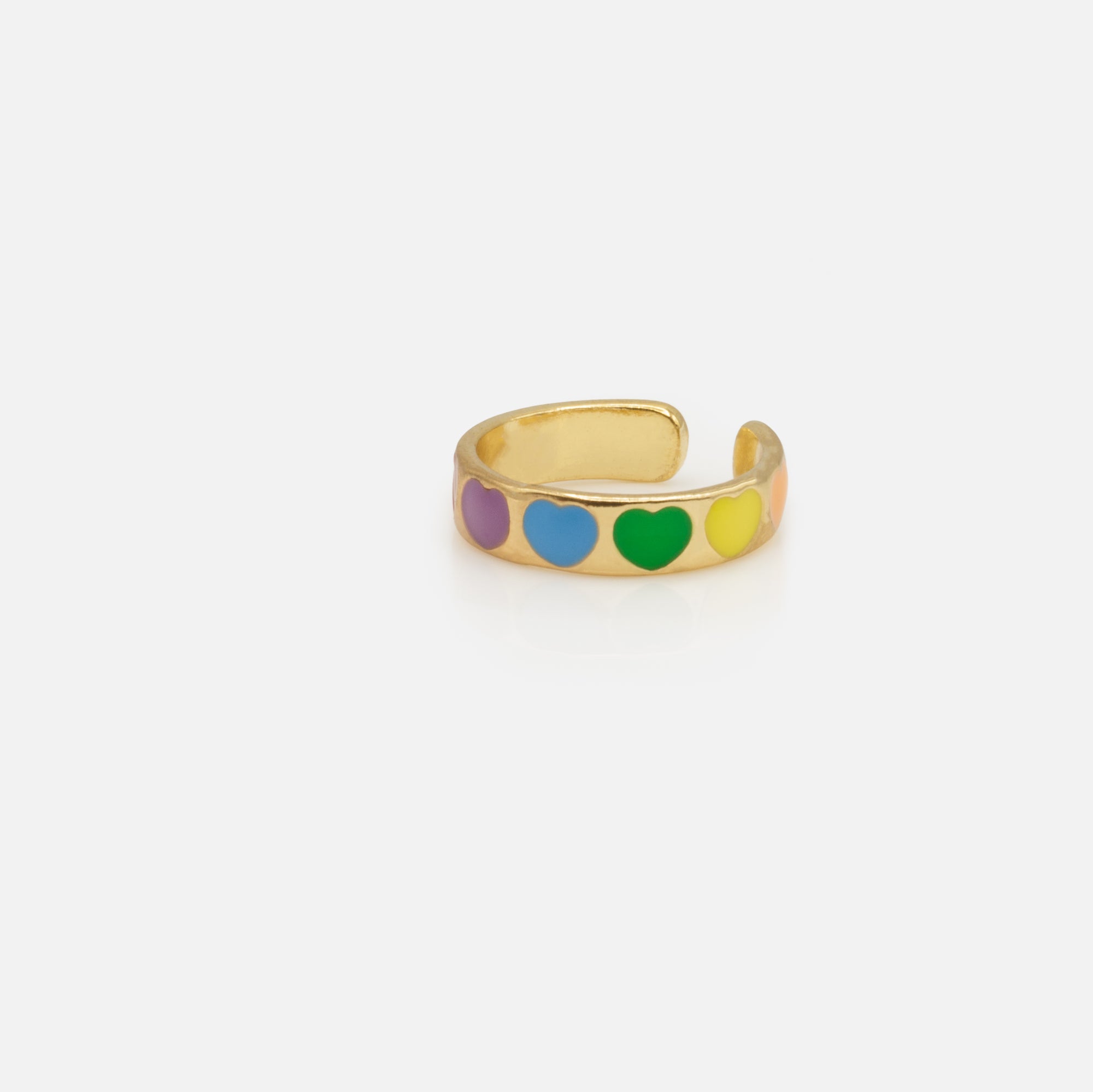 Golden open ring set with multicolored hearts and elastic ring with golden balls and pearls