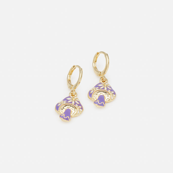 Boucles d'oreilles anneaux dorés avec breloque champignon mauve fleuri