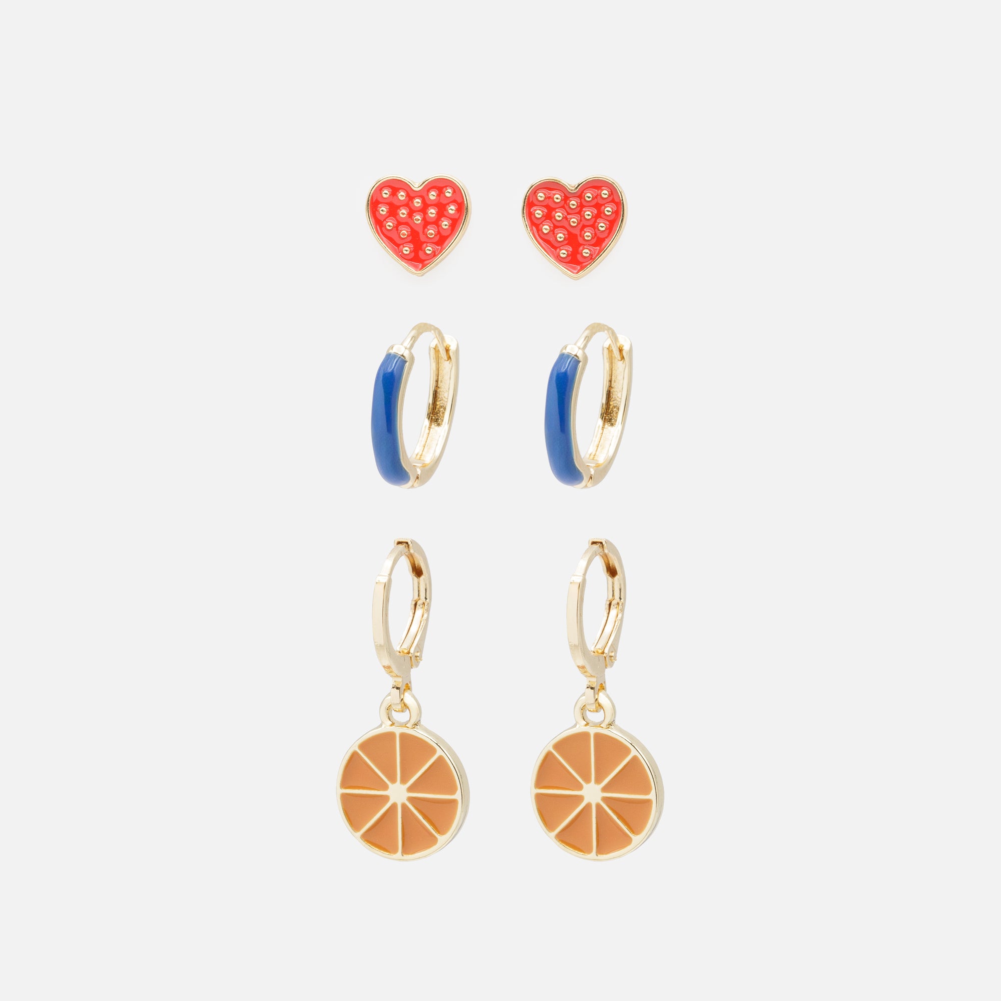 Trio of golden tutti frutti earrings