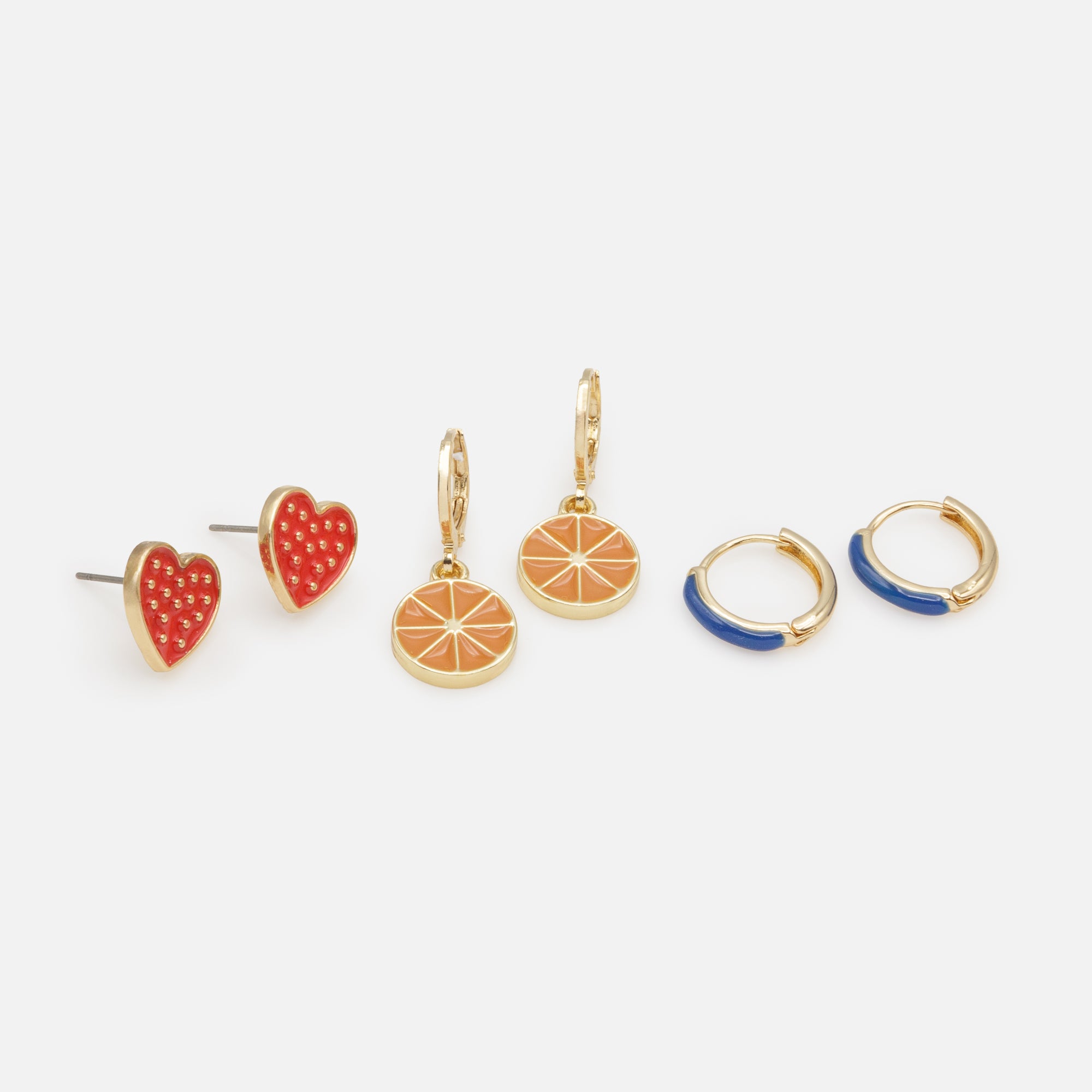 Trio of golden tutti frutti earrings