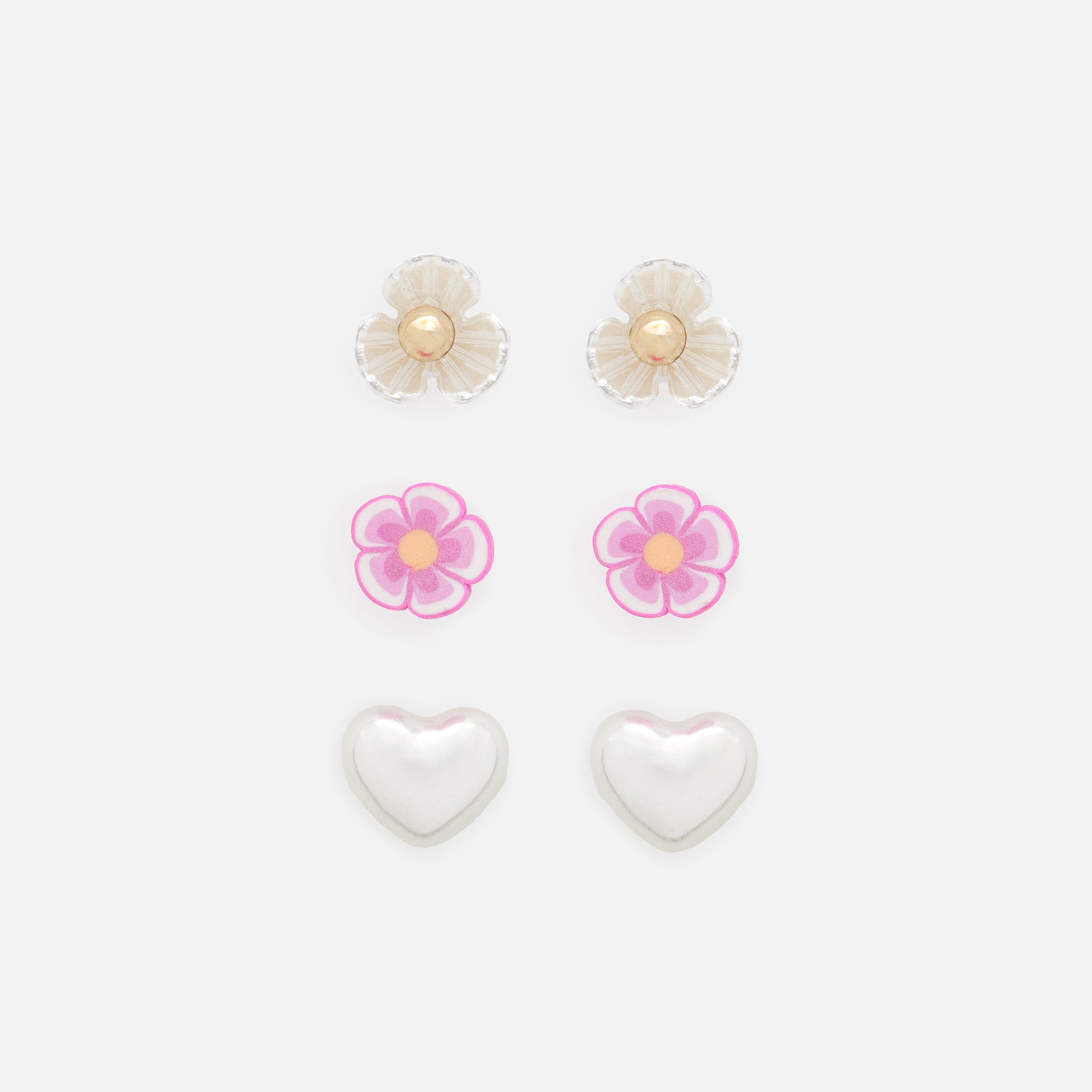 Trio of fixed flower and heart earrings