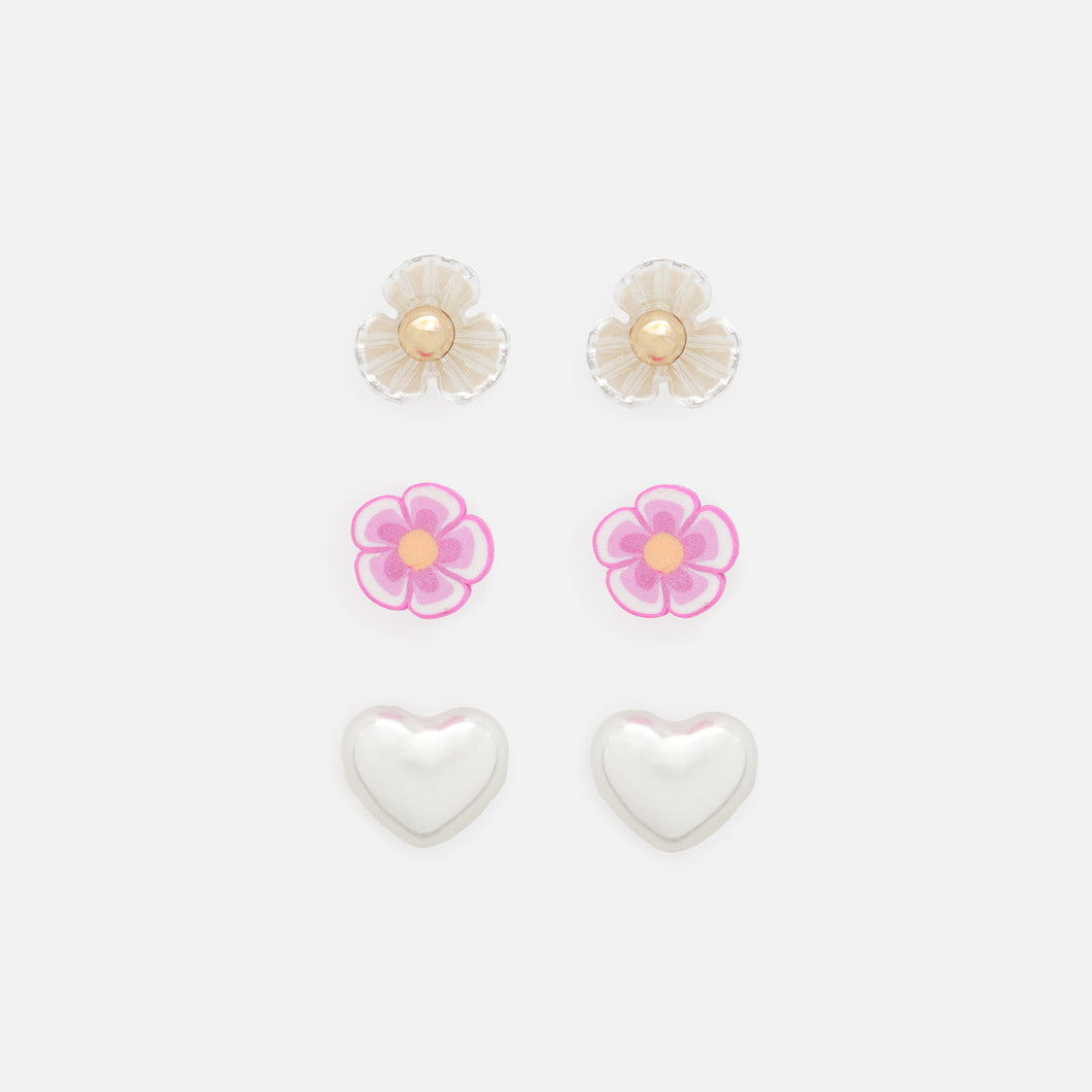 Trio de boucles d'oreilles fixes fleurs et coeurs