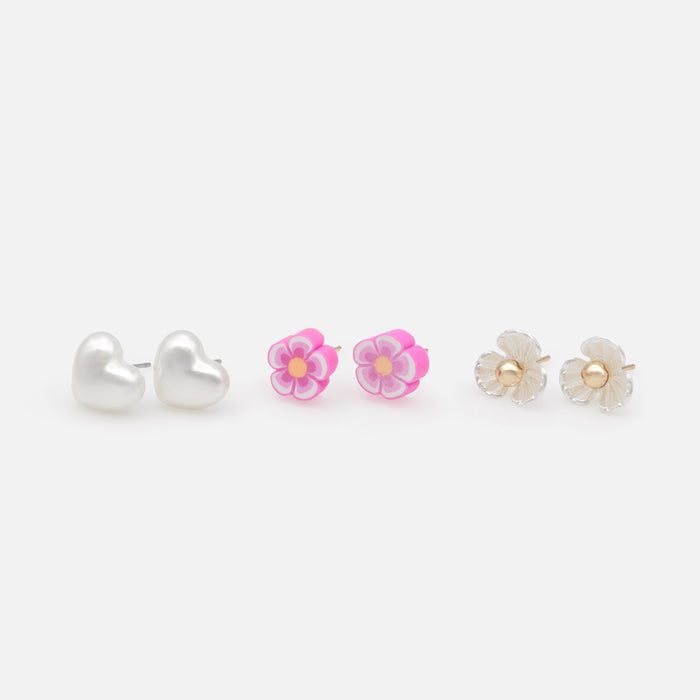 Trio de boucles d'oreilles fixes fleurs et coeurs