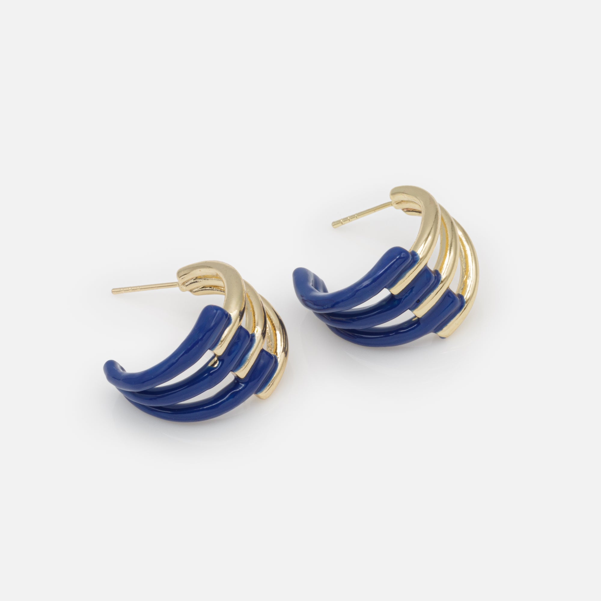 Boucles d'oreilles triple anneau doré et marine