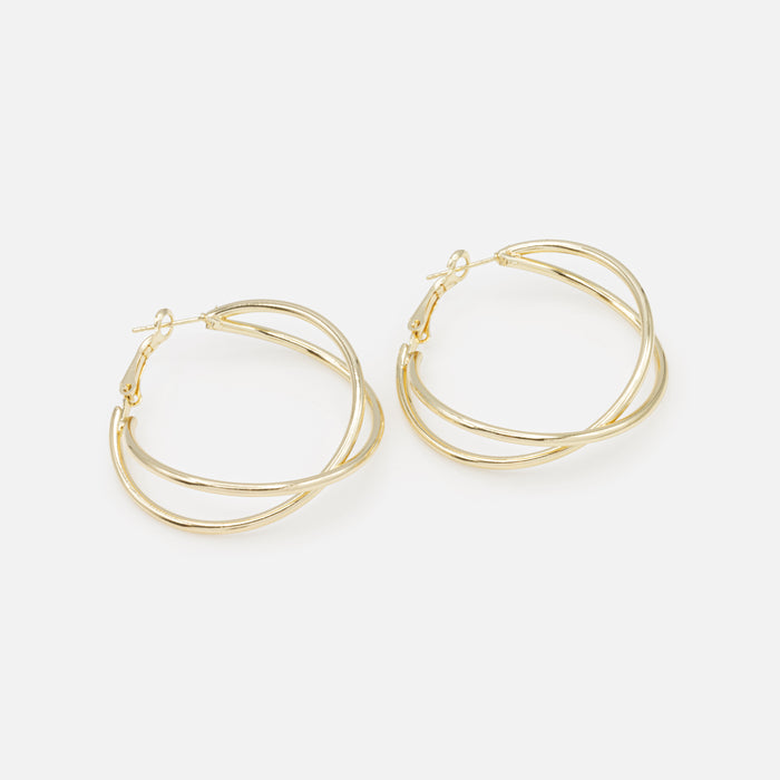 Double golden cross hoop earrings