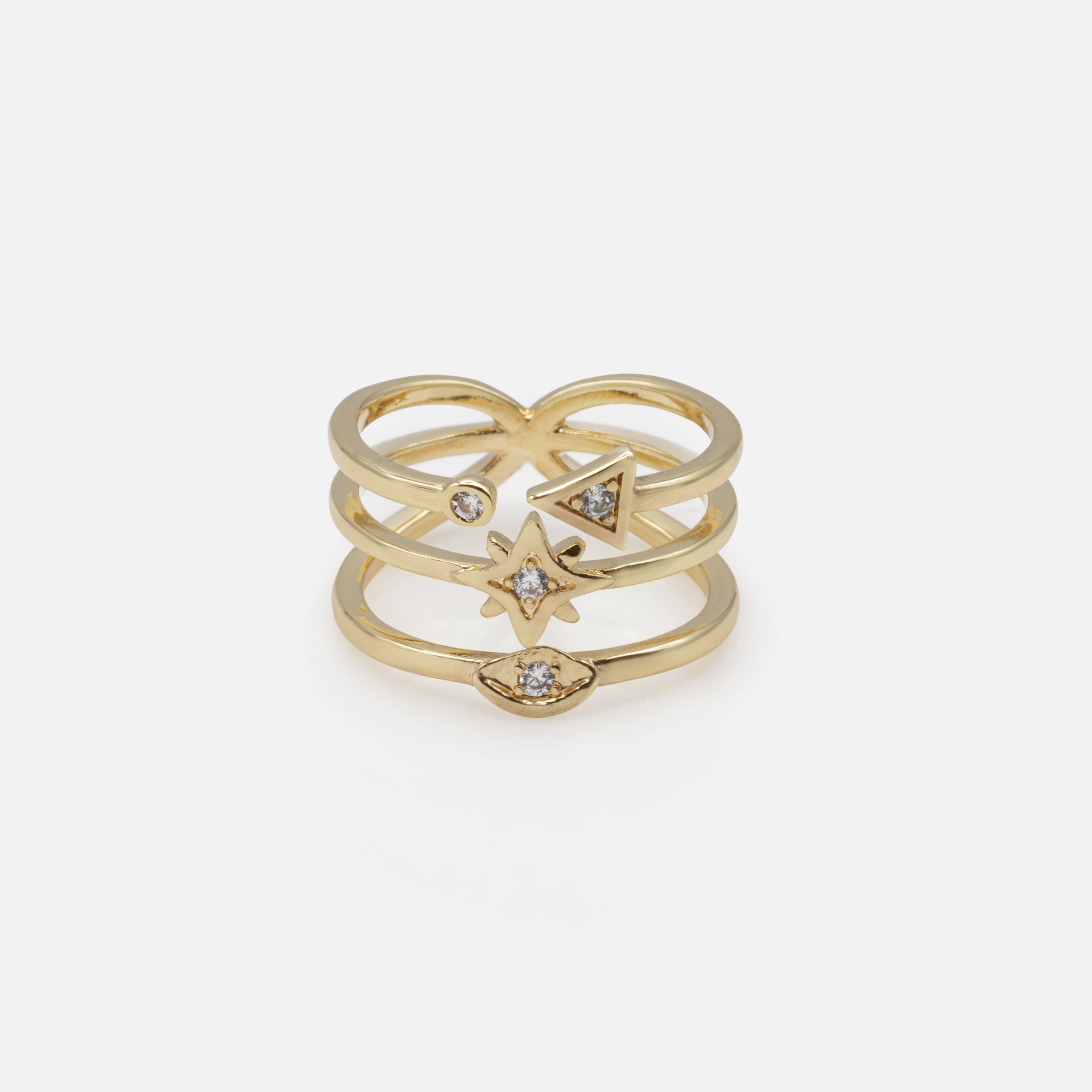 Esoteric design triple gold ring with cubic zirconia