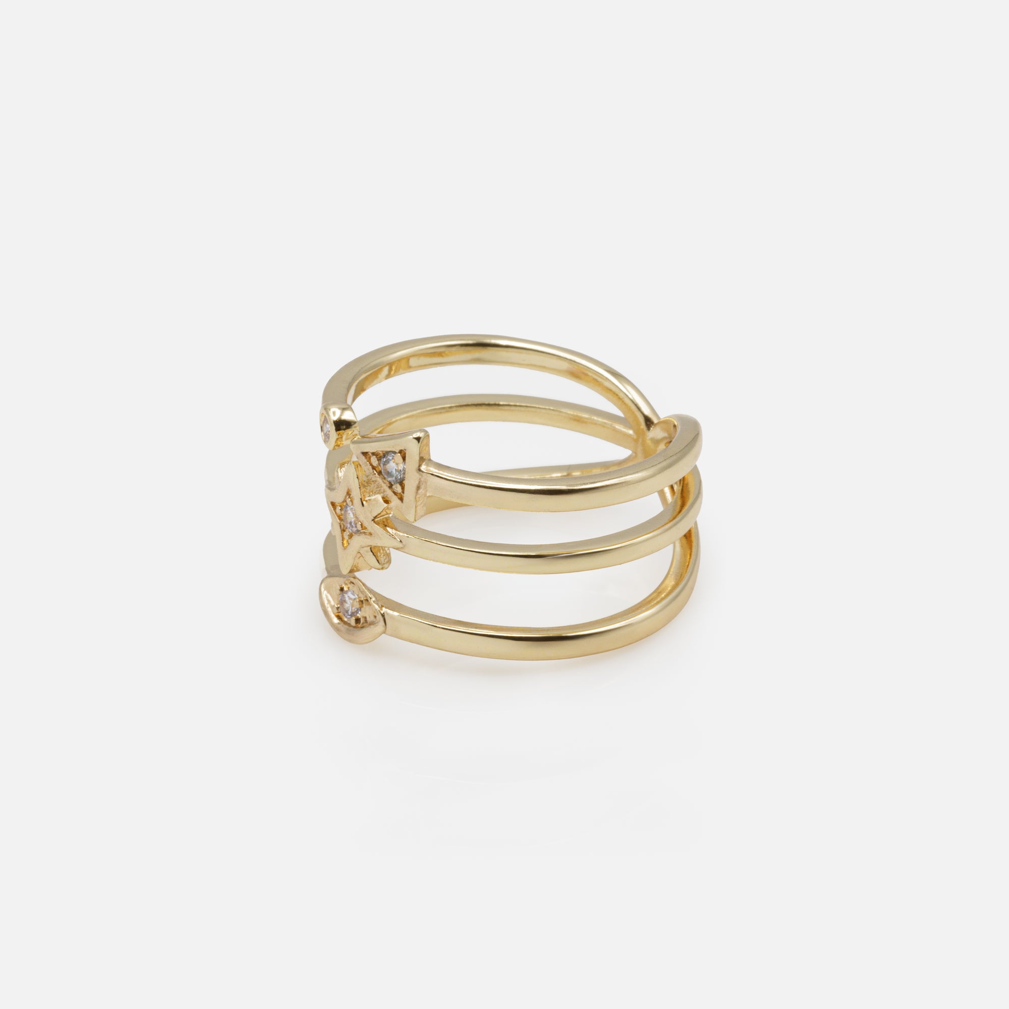 Esoteric design triple gold ring with cubic zirconia