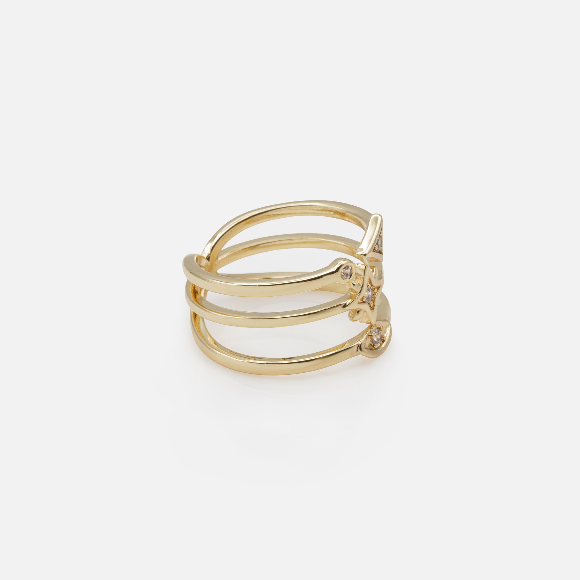 Esoteric design triple gold ring with cubic zirconia
