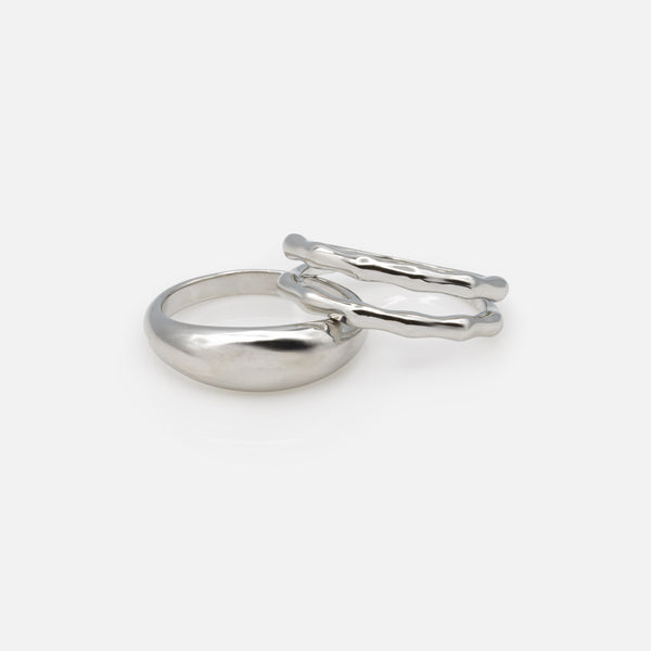 Charger l&#39;image dans la galerie, Duo de bagues argentées anneau double gaufré et anneau simple

