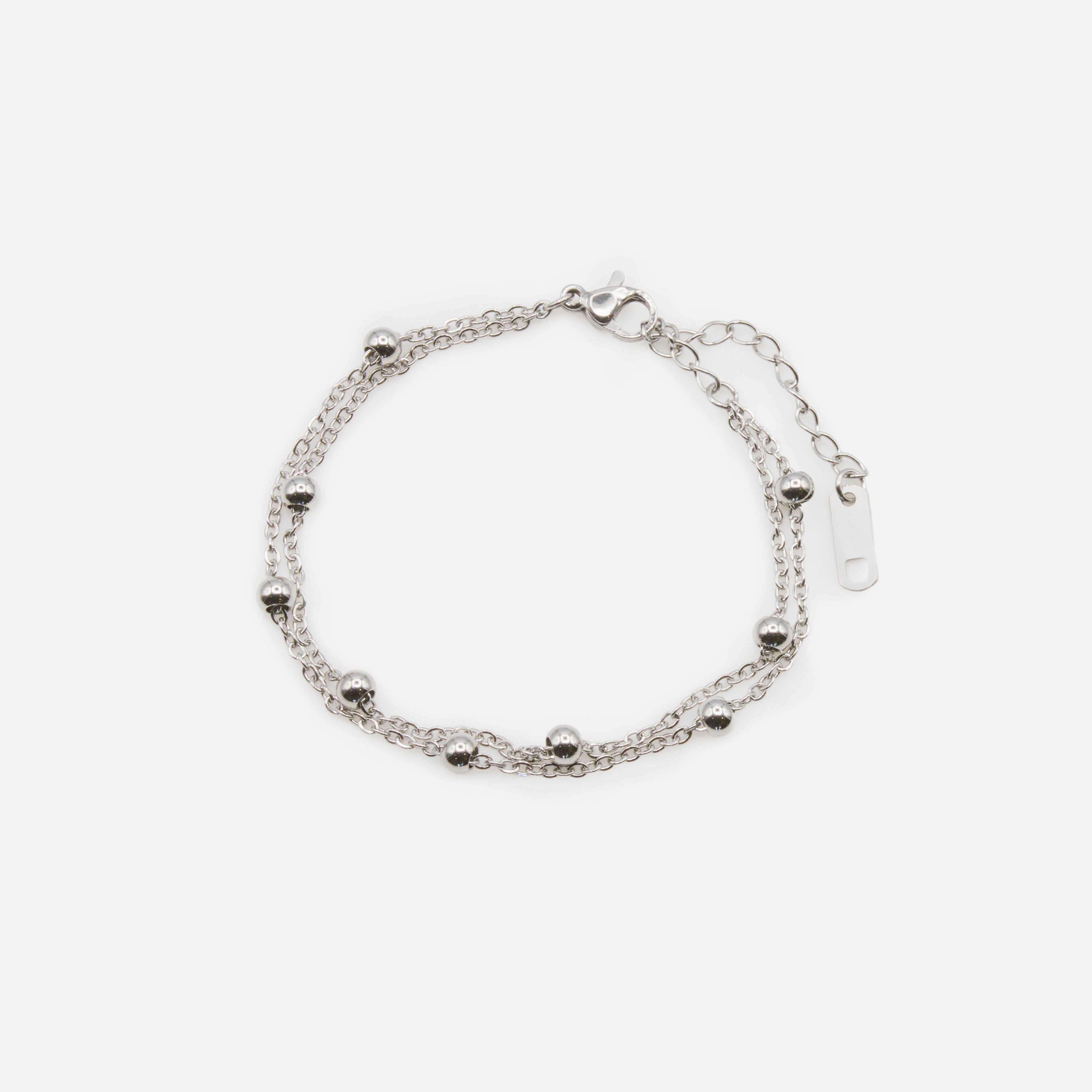 Silver double chain bracelet with forced links and beads