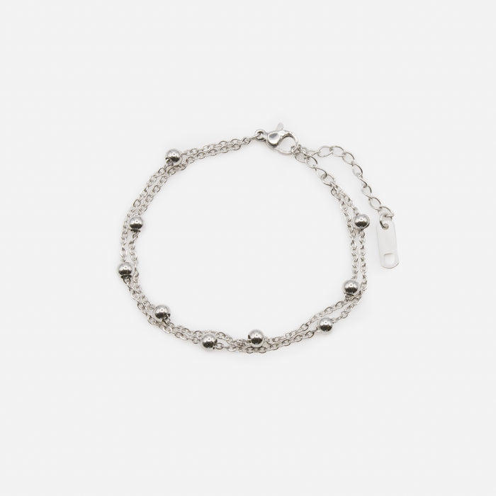Silver double chain bracelet with forced links and beads
