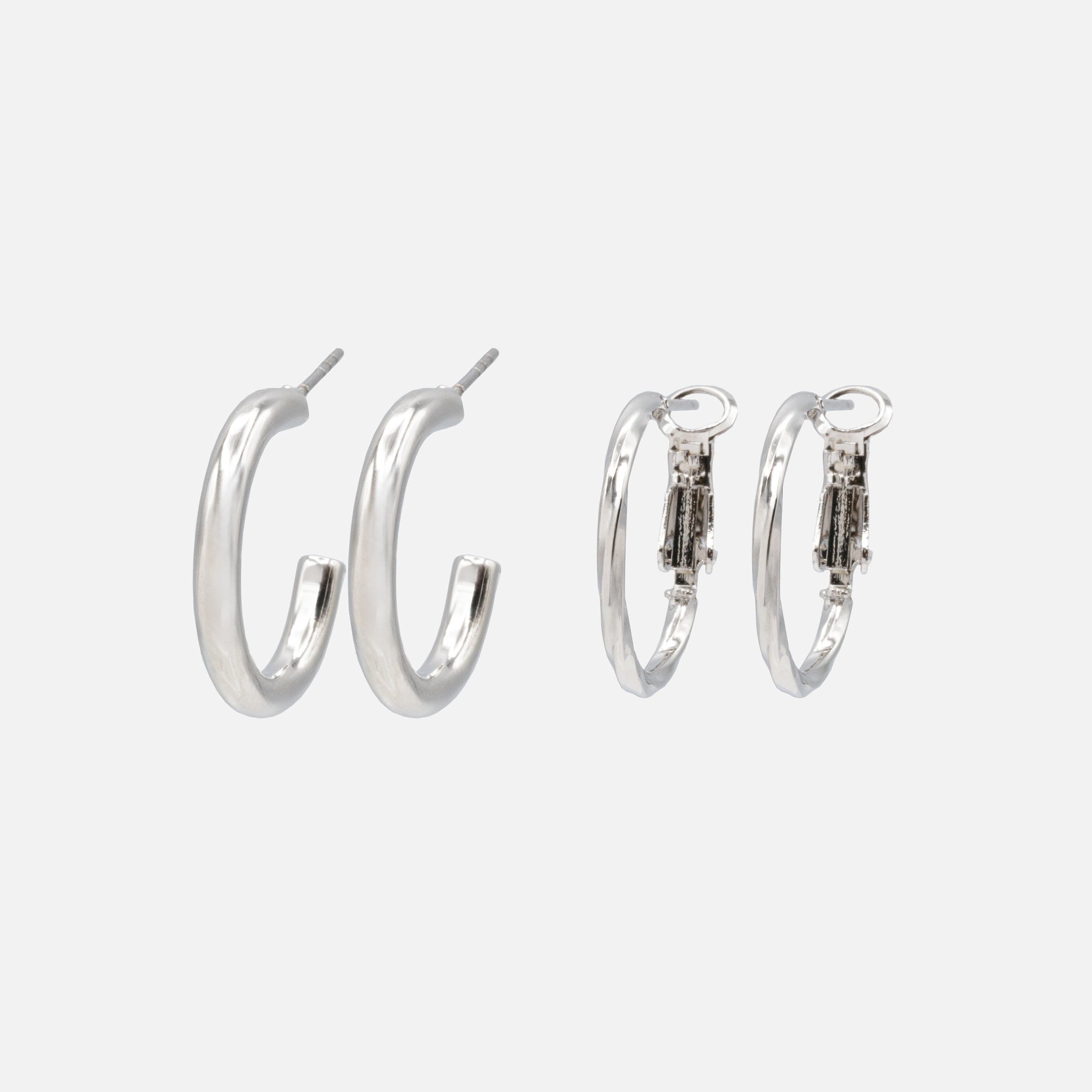 Duo of plain and twisted silver hoop earrings