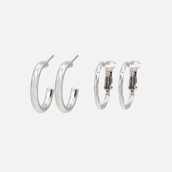 Load image into Gallery viewer, Duo of plain and twisted silver hoop earrings
