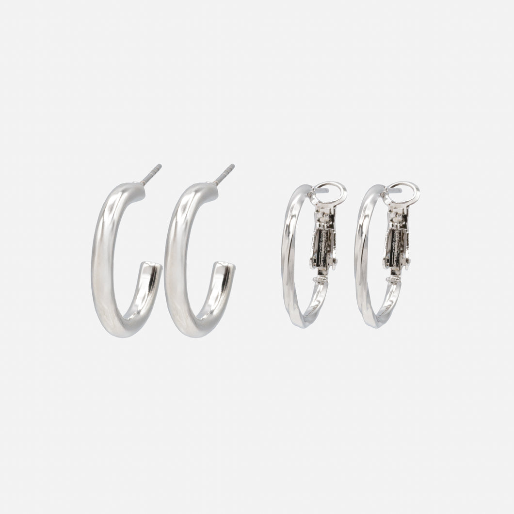 Duo of plain and twisted silver hoop earrings