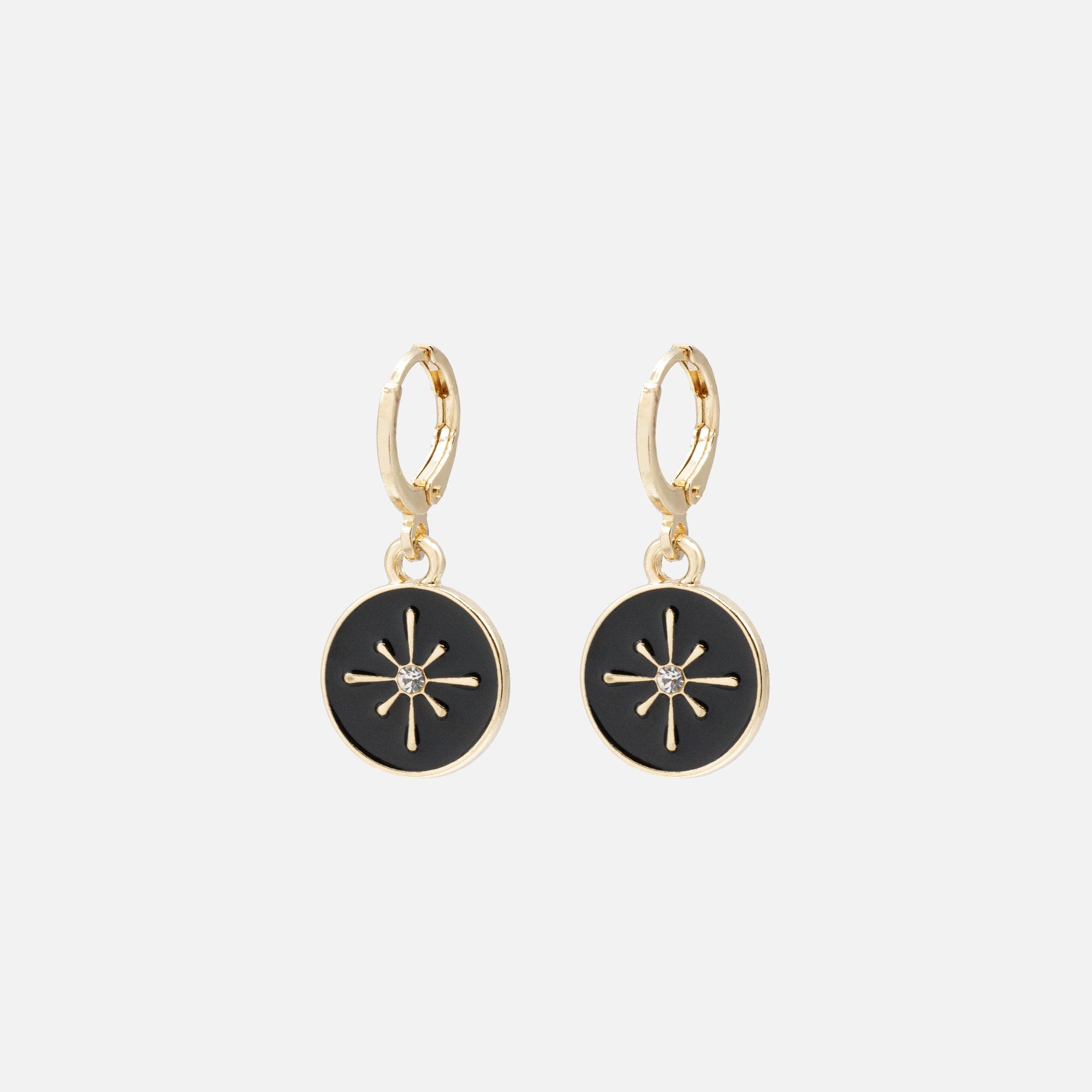 Gold huggies earrings with black charm and cubic zirconia