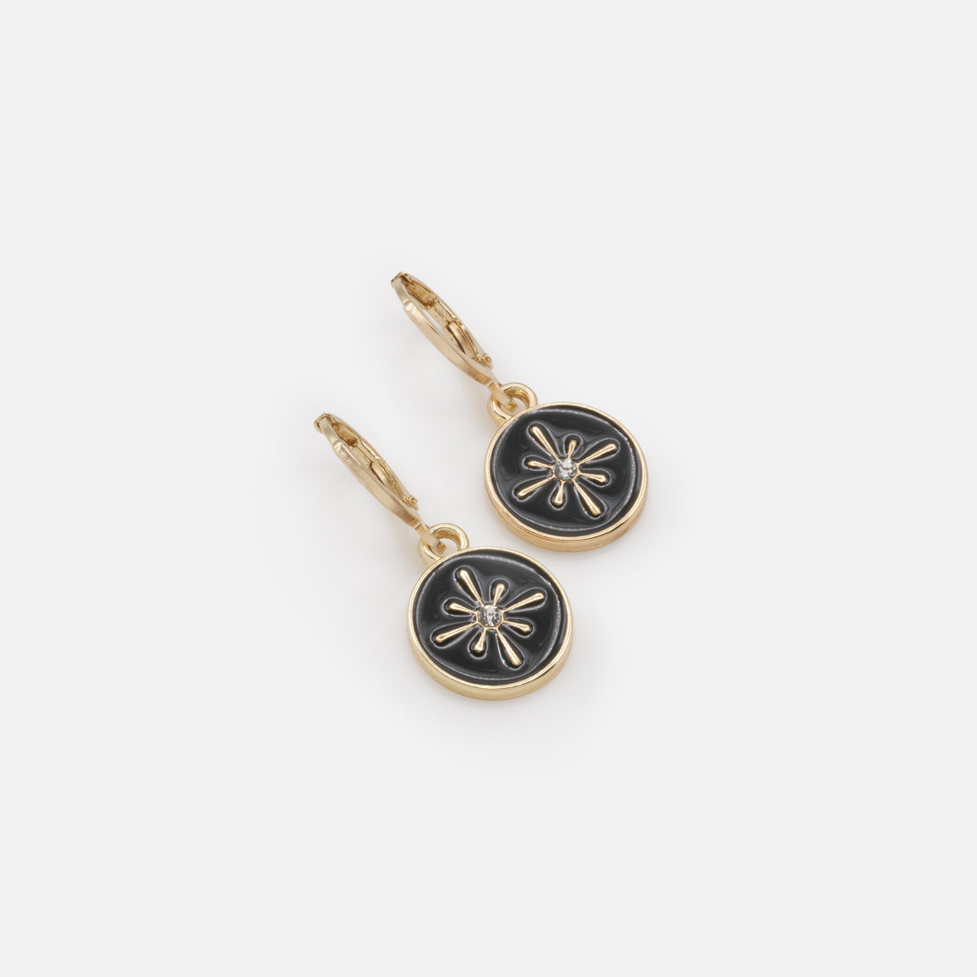 Gold huggies earrings with black charm and cubic zirconia