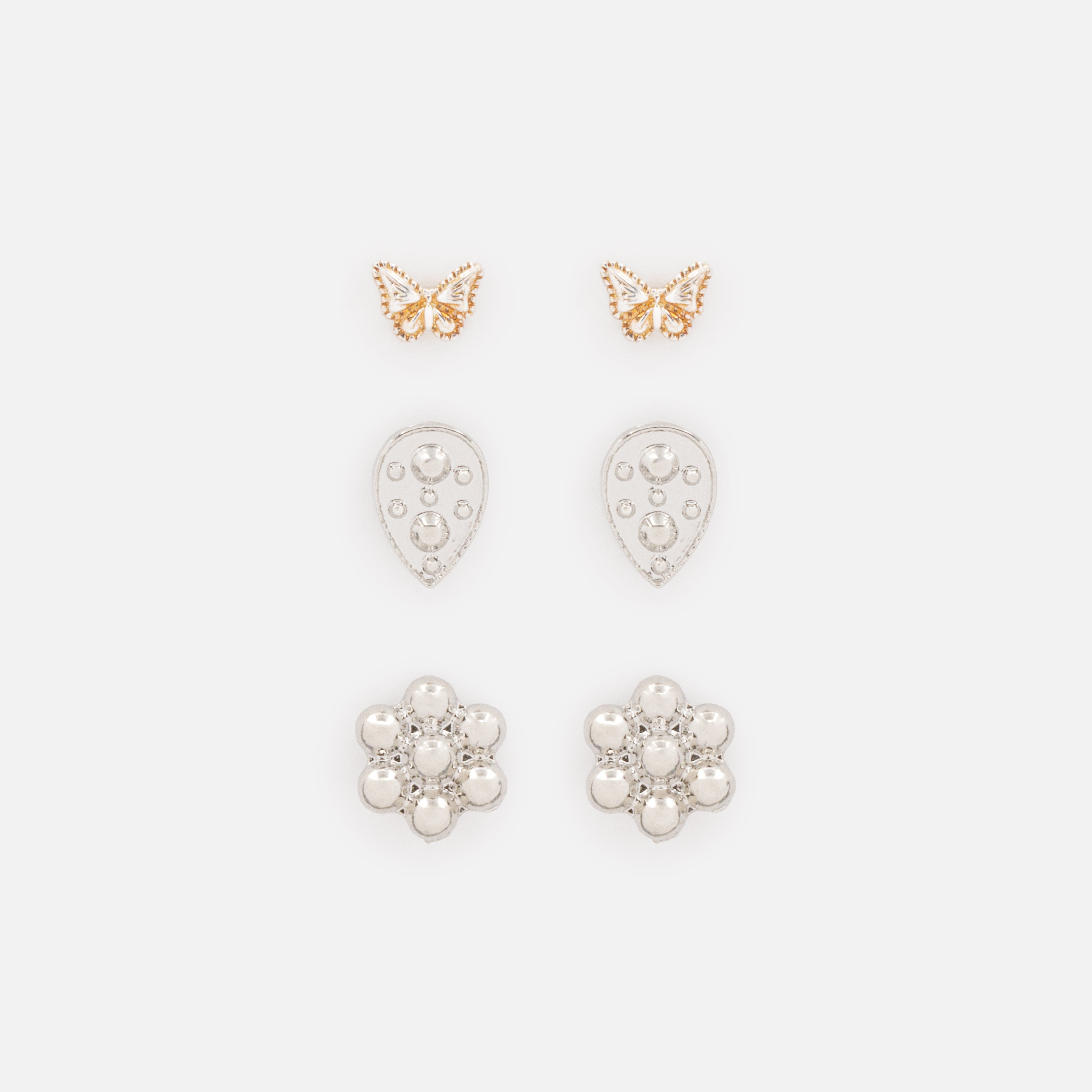 Trio of silver flower and butterfly earrings