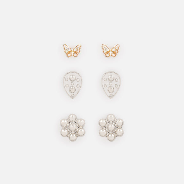 Load image into Gallery viewer, Trio of silver flower and butterfly earrings
