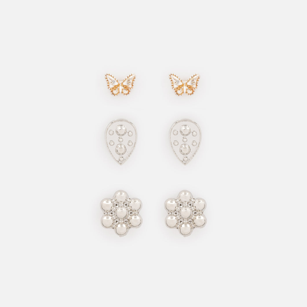 Trio of silver flower and butterfly earrings