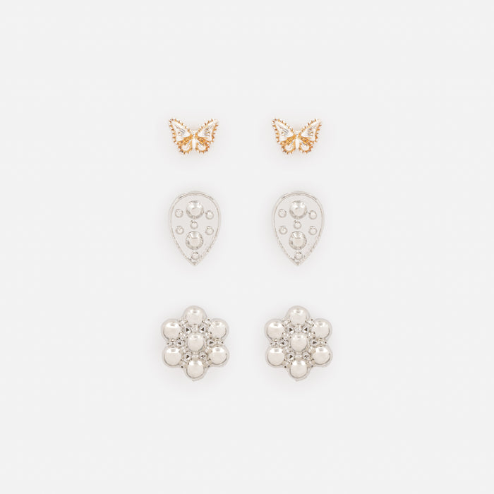 Trio de boucles d'oreilles argentées fleurs et papillons