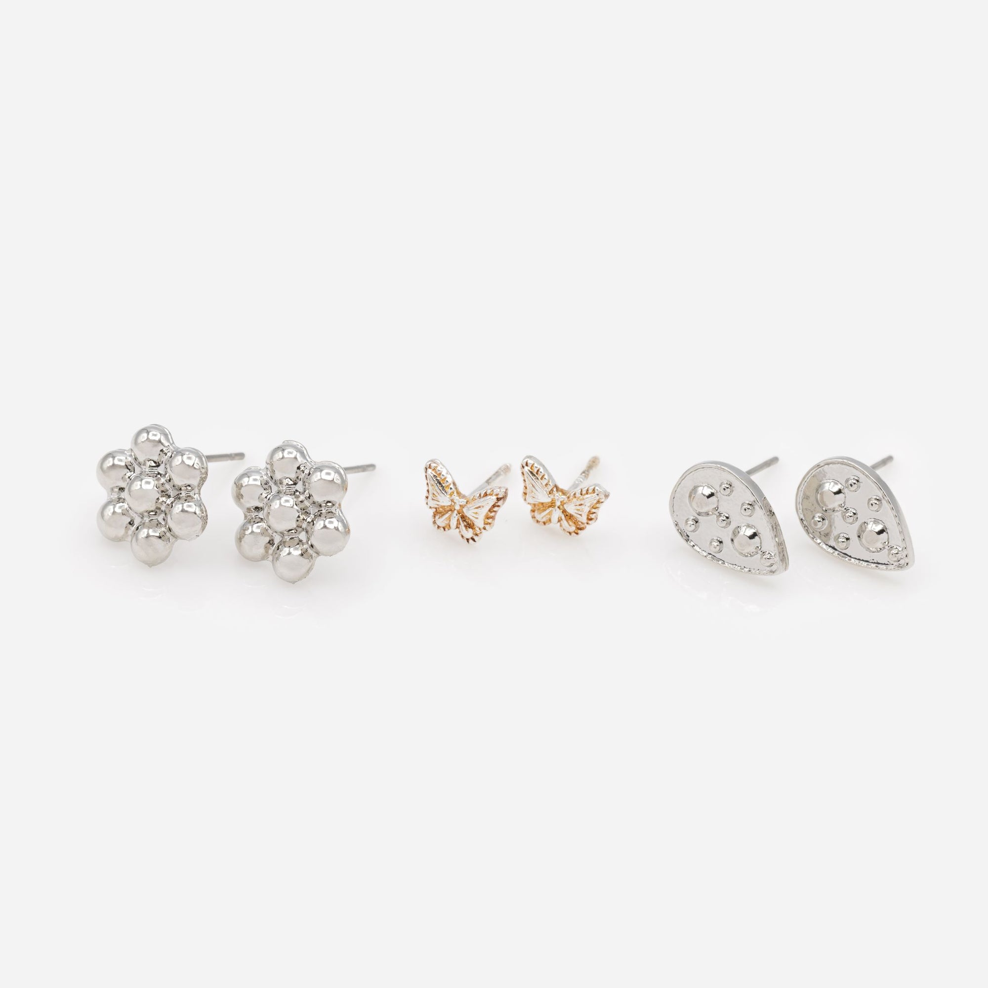 Trio of silver flower and butterfly earrings