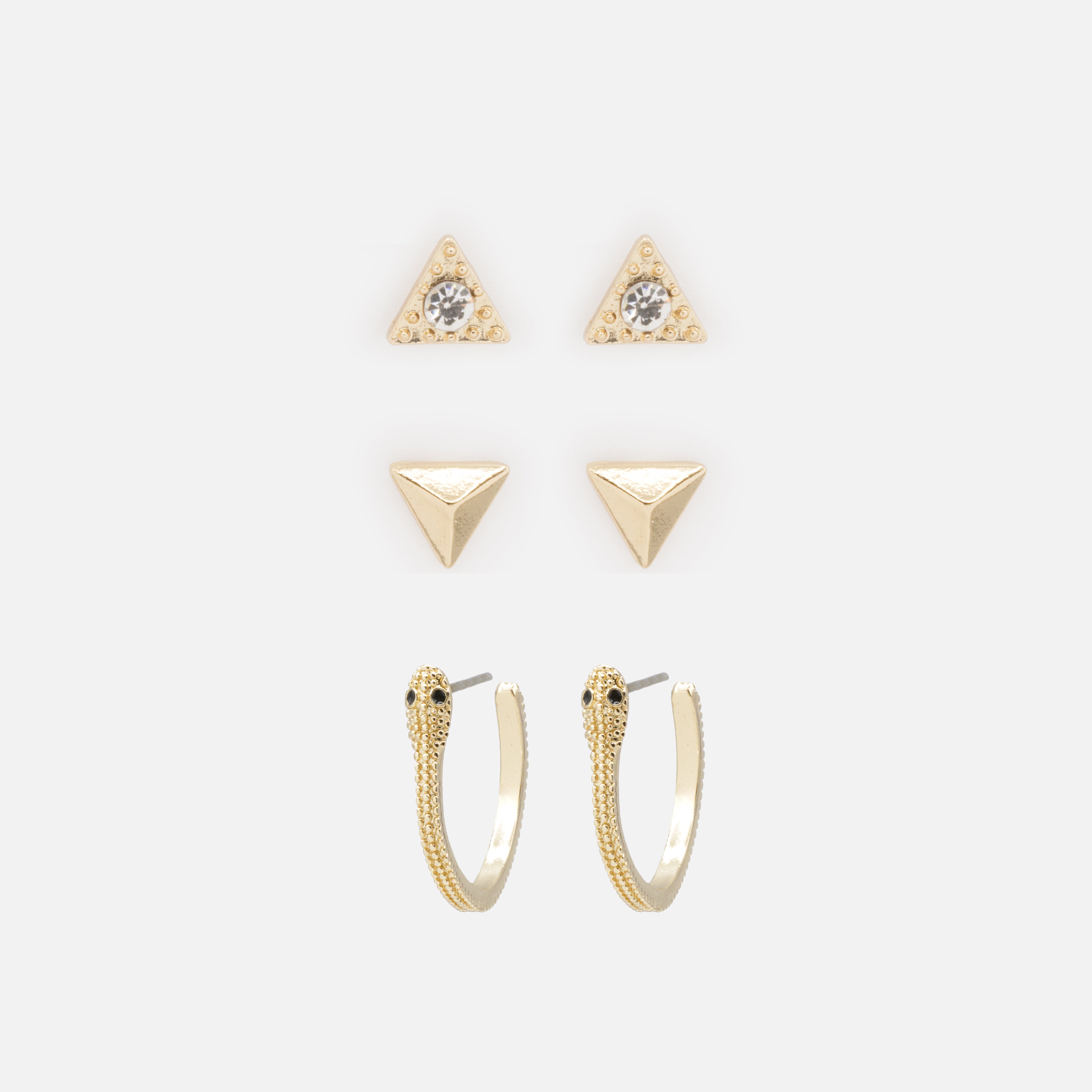 Duo of fixed earrings with golden triangles and rings with snake