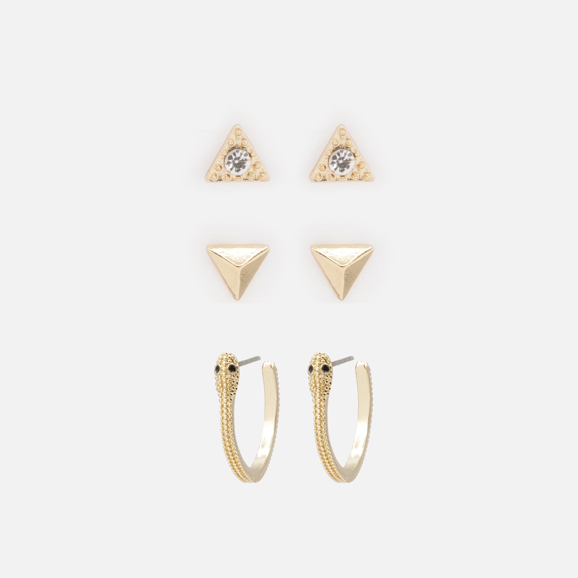 Duo of fixed earrings with golden triangles and rings with snake
