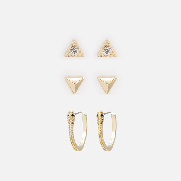 Load image into Gallery viewer, Duo of fixed earrings with golden triangles and rings with snake
