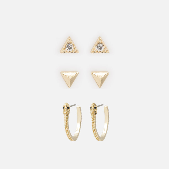 Duo de boucles d'oreilles fixes triangles dorés et anneaux avec serpent