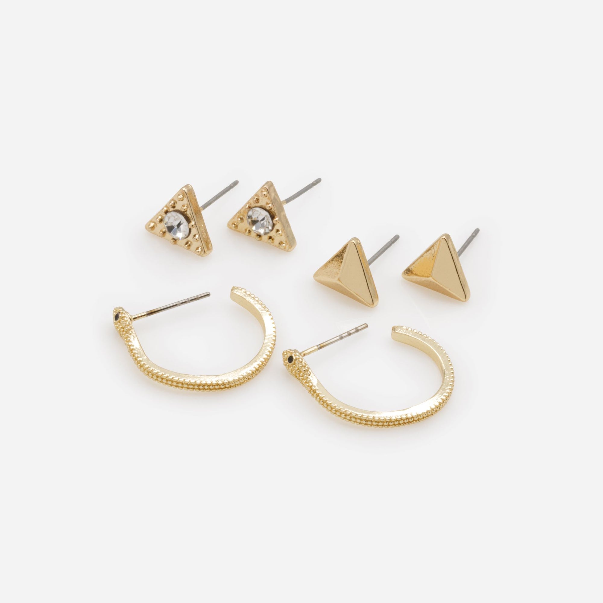 Duo of fixed earrings with golden triangles and rings with snake