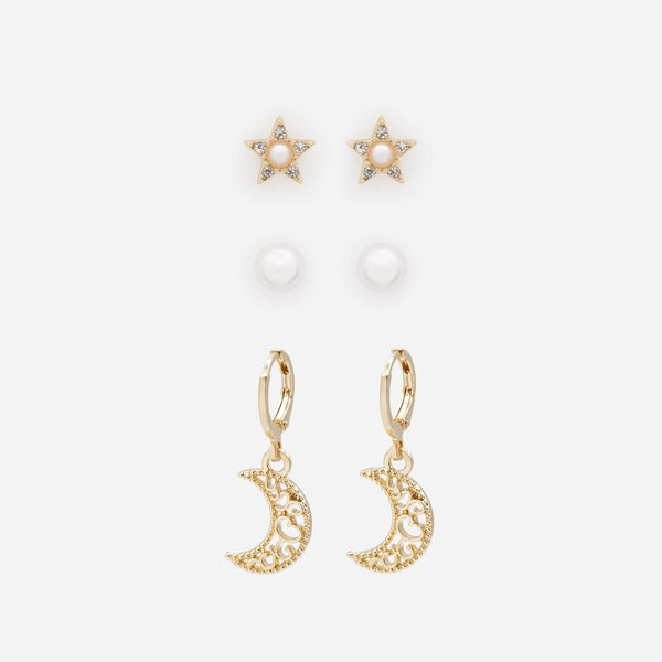 Charger l&#39;image dans la galerie, Duo de boucles d&#39;oreilles perles et étoiles avec huggies dorées à breloque croissant de lune
