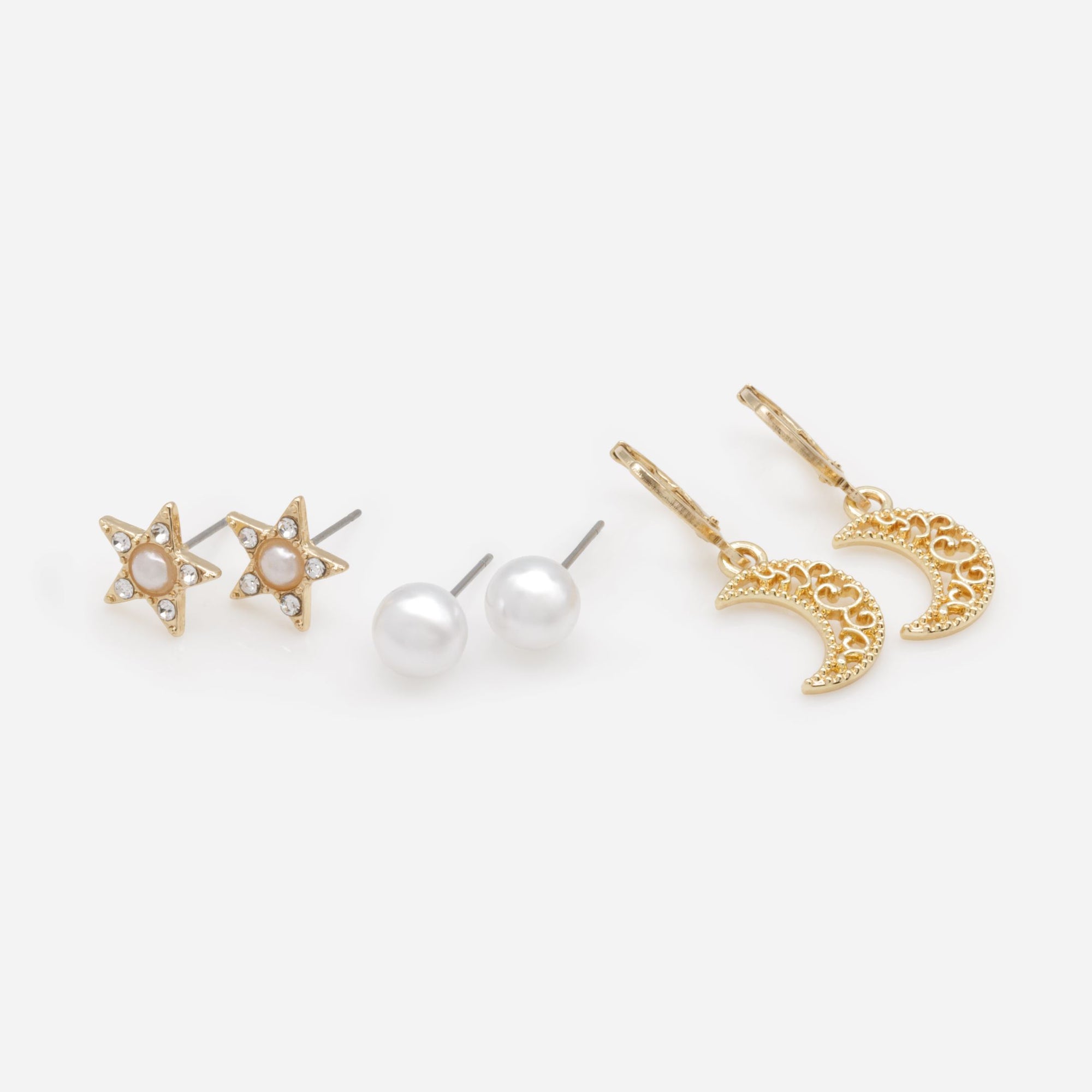 Duo de boucles d'oreilles perles et étoiles avec huggies dorées à breloque croissant de lune