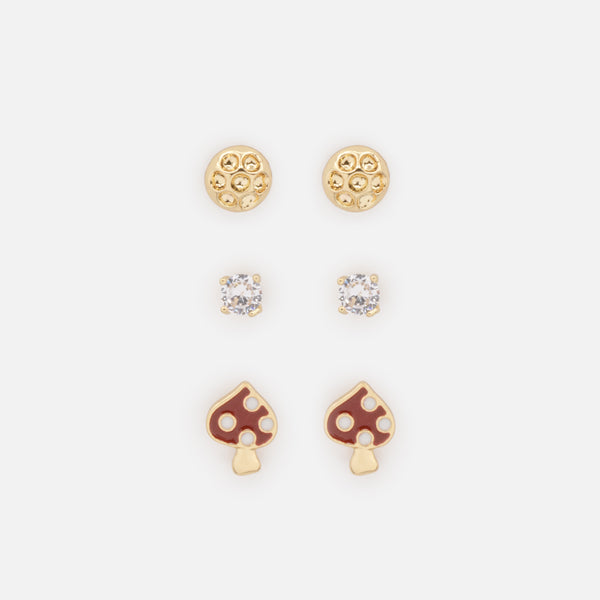 Charger l&#39;image dans la galerie, Trio de boucles d&#39;oreilles dorées zircons cubiques et champignons
