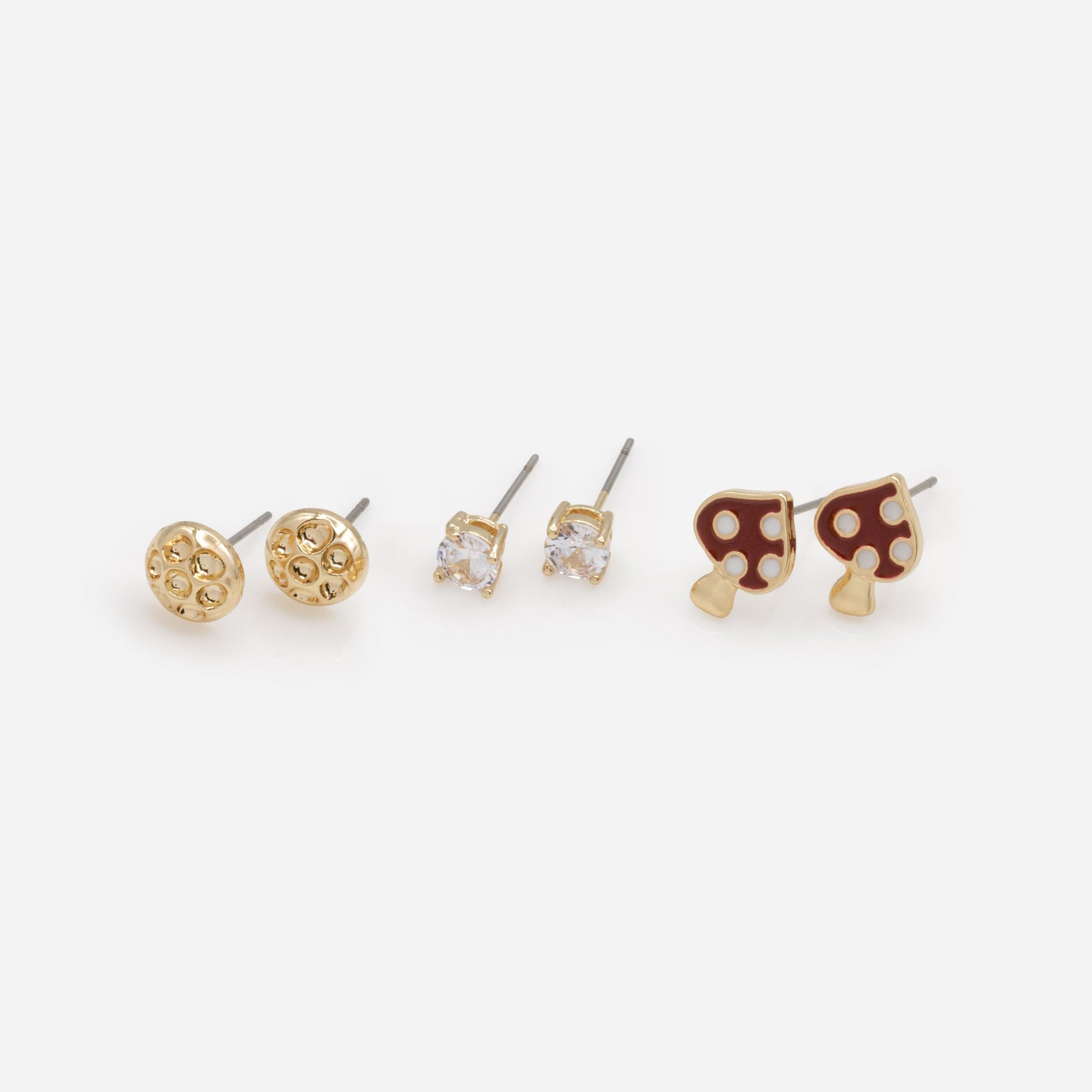 Trio de boucles d'oreilles dorées zircons cubiques et champignons