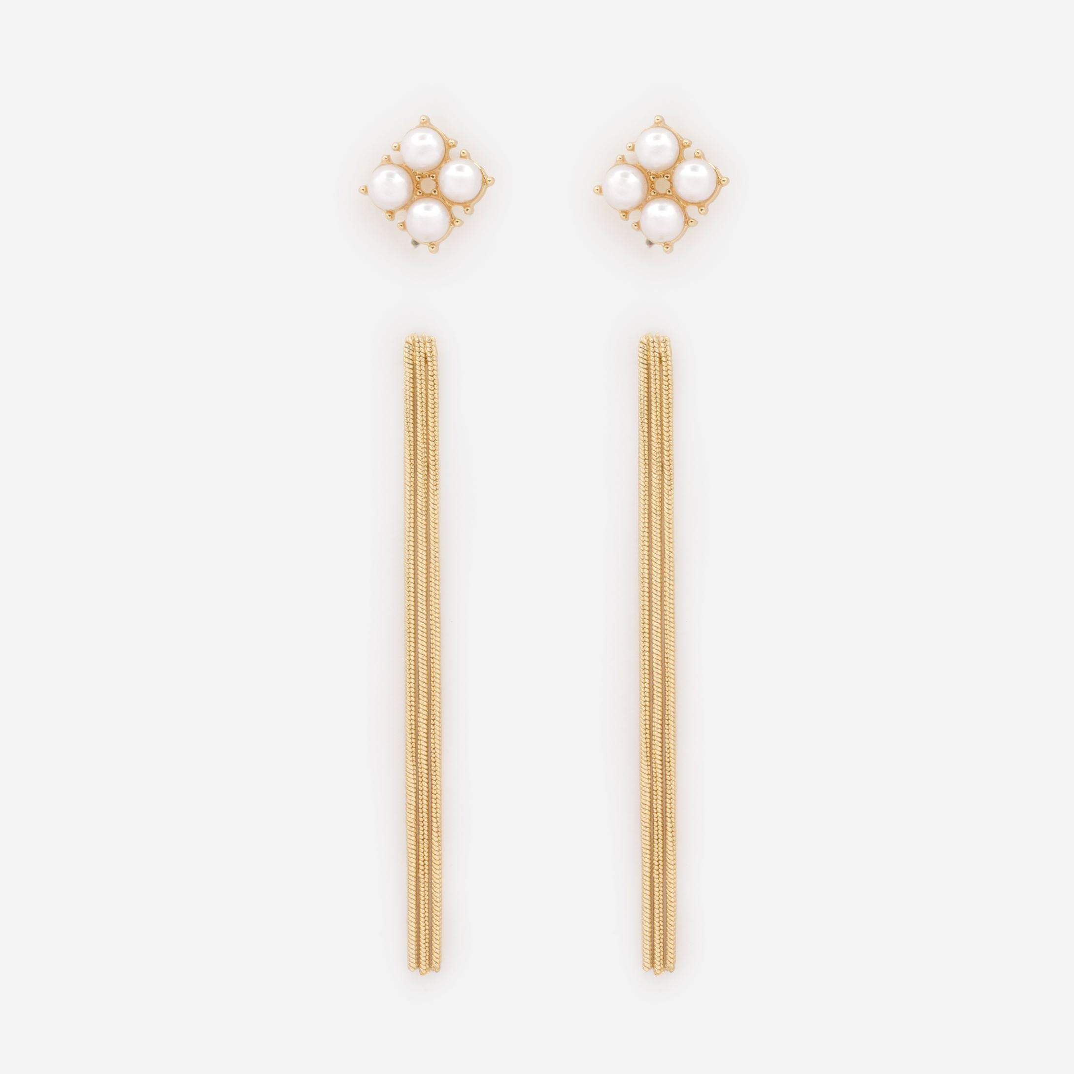 Duo of long gold earrings and pearl squares