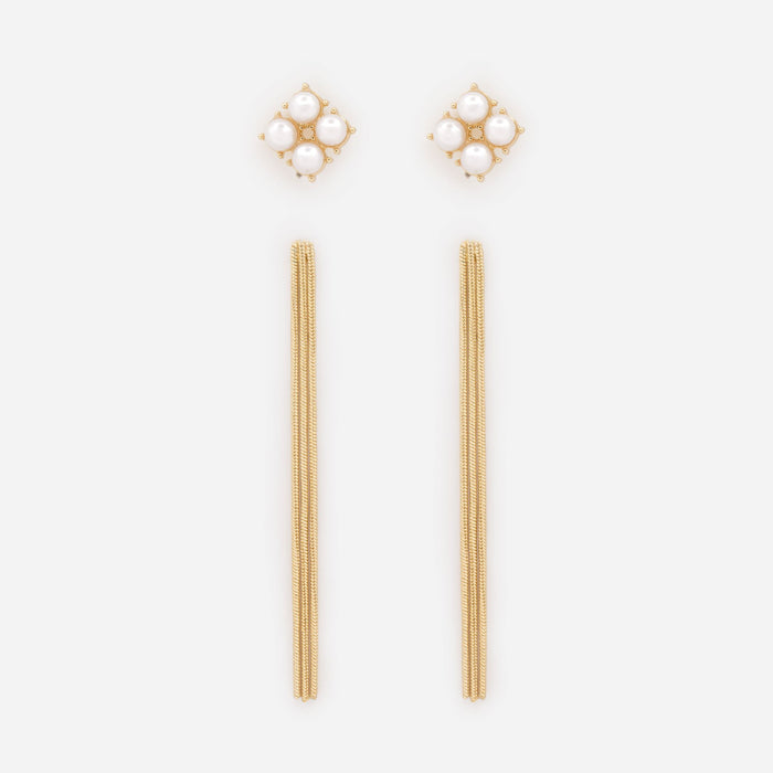 Duo de boucles d'oreilles dorées longues et carrés de perles