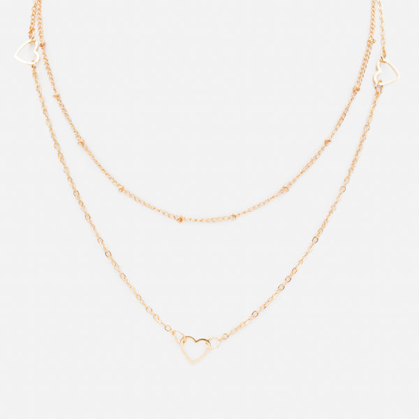 Charger l&#39;image dans la galerie, Collier doré double chaîne avec trio de coeurs
